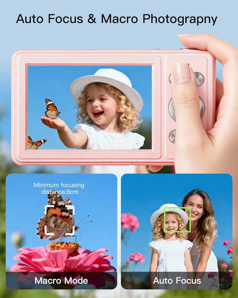 WONNIE كاميرا رقمية، كاميرا تصوير فوري FHD 1080P مع بطاقة SD سعة 32GB، 2 بطاريات، زوم 16X، مضادة للاهتزاز، تصميم صغير مدمج للأطفال والمراهقين والطلاب والفتيات والفتيان (وردي) - Image 3